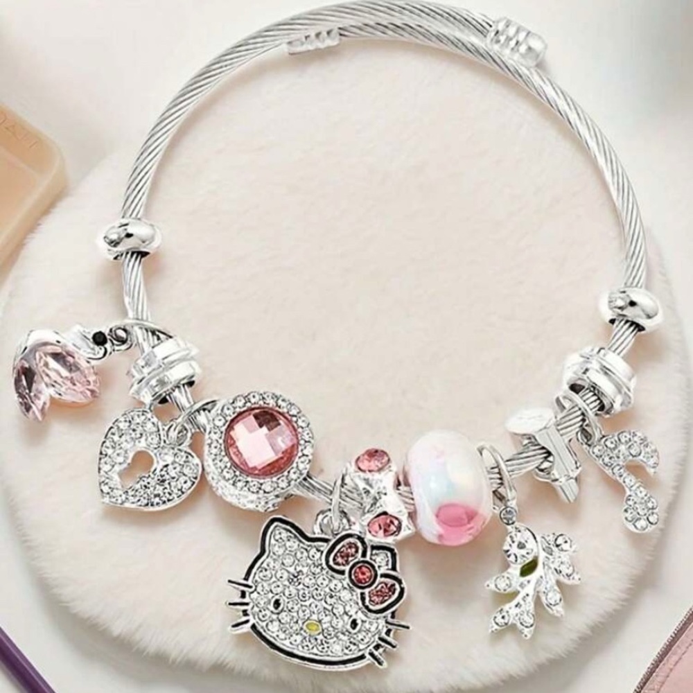 Hello Kitty Silver Pink Crystal Charm Bracelet